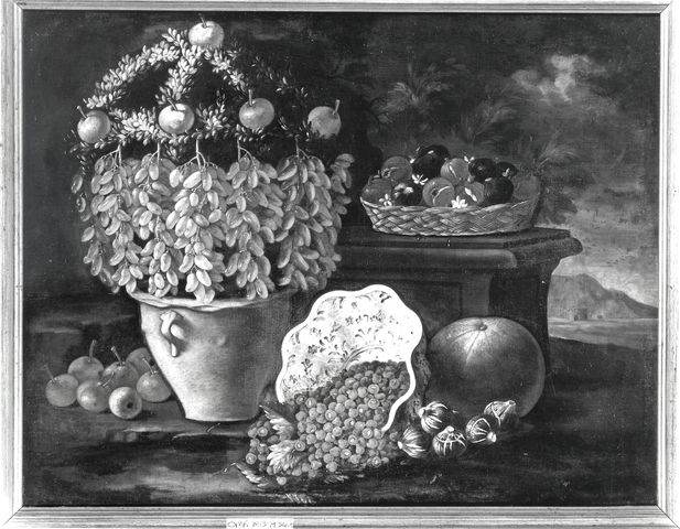 Sotheby's — Anonimo spagnolo sec. XVII - Natura morta con cesto di fichi, orcio con uva, frutti di bosco e pere — insieme